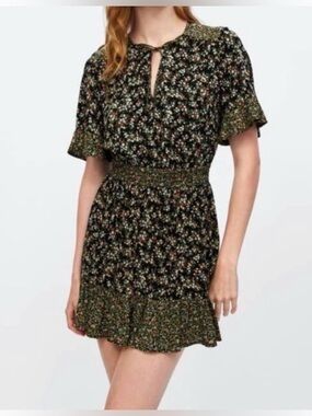 Zara Black Floral Short Sleeve Peasant Dress - Size XS